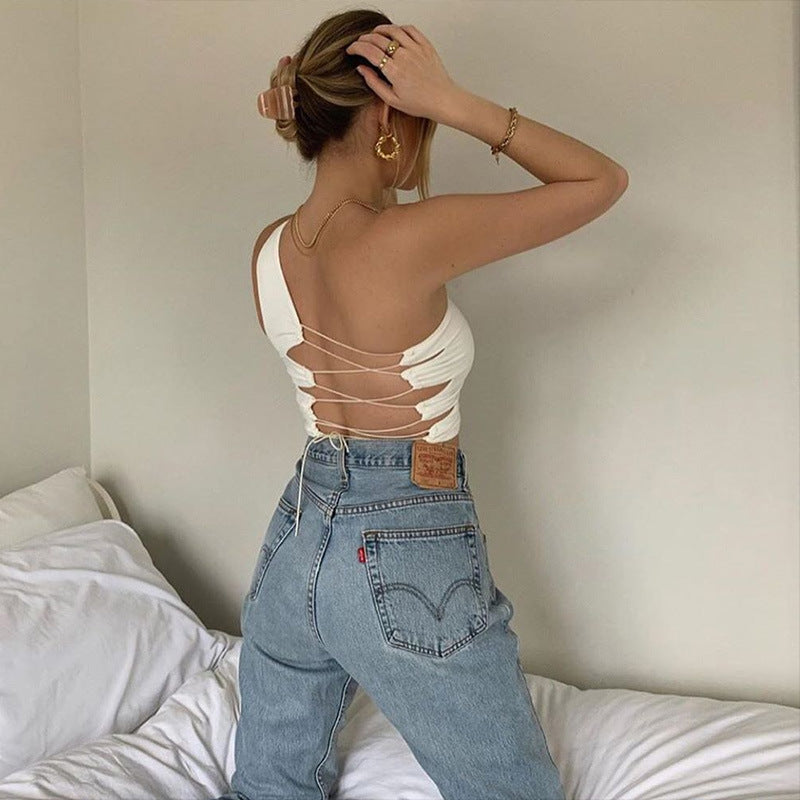 Women's Sexy Strap One Shoulder Backless Crop Top
