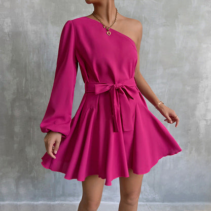 Women's Solid Color Slanted Shoulder Unilateral Sleeve A-Line Large Swing Mini Dress